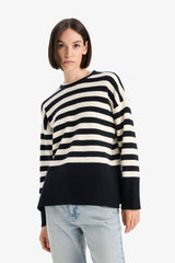 Oversize Loose Fit Crew Neck Slit Striped Knit Sweater