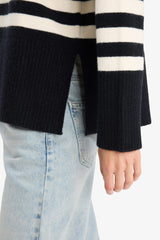 Oversize Loose Fit Crew Neck Slit Striped Knit Sweater