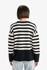 Oversize Loose Fit Crew Neck Slit Striped Knit Sweater