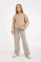 Girls Crop Crew Neck Hair Knitted Sweater