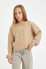 Girls Crop Crew Neck Hair Knitted Sweater