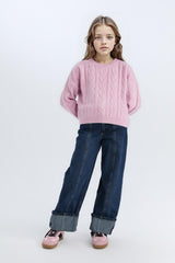 Girls Crop Crew Neck Hair Knitted Sweater