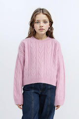 Girls Crop Crew Neck Hair Knitted Sweater