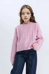 Girls Crop Crew Neck Hair Knitted Sweater