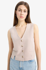 V Neck Linen Blend White Blazer Vest