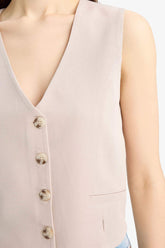 V Neck Linen Blend White Blazer Vest