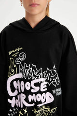 Girls Black Oversize Wide-Mould Hooded Printed Sweatshirt