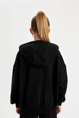 Girls Black Oversize Wide-Mould Hooded Printed Sweatshirt