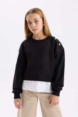 Girls Relax Fit Crew Neck Hem Detailed Sweatshirt