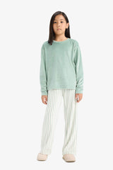 Girls Pajama Set Fleece Long Sleeve Top Striped Long Bottom