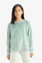 Girls Pajama Set Fleece Long Sleeve Top Striped Long Bottom