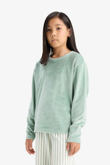 Girls Pajama Set Fleece Long Sleeve Top Striped Long Bottom