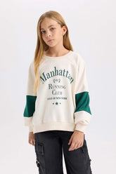 Girls Oversize Wide Pattern Crew Neck Printed Sweatshirt