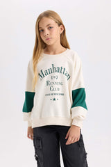 Girls Oversize Wide Pattern Crew Neck Printed Sweatshirt