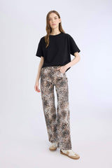 Straight Fit High Waist Snake Patterned Gabardine Trousers