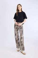 Straight Fit High Waist Snake Patterned Gabardine Trousers