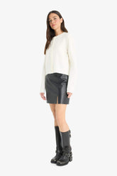 A Cut Faux Leather High Waist Mini Knitted Skirt