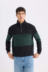 Comfort Regular Fit Casual Fit Stand Collar Zippered Striped Thick Sweatshirt