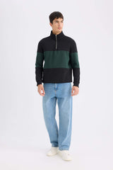 Comfort Regular Fit Casual Fit Stand Collar Zippered Striped Thick Sweatshirt