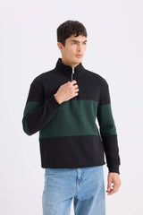 Comfort Regular Fit Casual Fit Stand Collar Zippered Striped Thick Sweatshirt