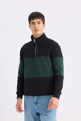 Comfort Regular Fit Casual Fit Stand Collar Zippered Striped Thick Sweatshirt