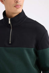 Comfort Regular Fit Casual Fit Stand Collar Zippered Striped Thick Sweatshirt