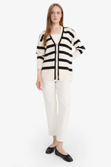 Regular Fit V-Neck Striped Buttoned Tunic Knit Cardigan