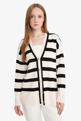 Regular Fit V-Neck Striped Buttoned Tunic Knit Cardigan