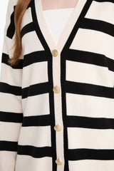 Regular Fit V-Neck Striped Buttoned Tunic Knit Cardigan