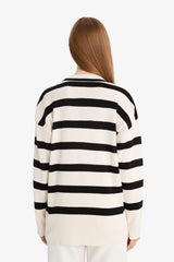 Regular Fit V-Neck Striped Buttoned Tunic Knit Cardigan