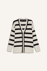 Regular Fit V-Neck Striped Buttoned Tunic Knit Cardigan
