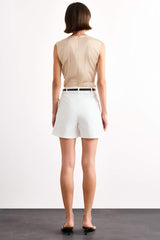 High Waist Belted Short Leg White Shorts