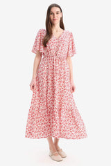 V-Neck Strawberry Patterned Lace-Up Short Sleeve Midi Summer Dress