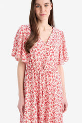 V-Neck Strawberry Patterned Lace-Up Short Sleeve Midi Summer Dress