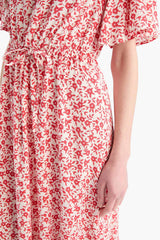 V-Neck Strawberry Patterned Lace-Up Short Sleeve Midi Summer Dress