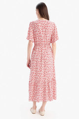 V-Neck Strawberry Patterned Lace-Up Short Sleeve Midi Summer Dress