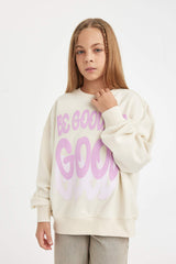 Girls Oversize Wide Pattern Crew Neck Printed Sweatshirt