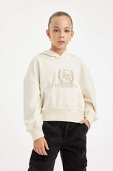 Girls Ecru Oversize Wide Pattern Hooded Embroidered Sweatshirt