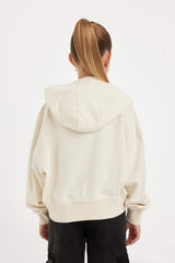 Girls Ecru Oversize Wide Pattern Hooded Embroidered Sweatshirt