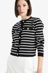 Regular Fit Crew Neck Striped Buttoned Knit Cardigan