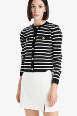 Regular Fit Crew Neck Striped Buttoned Knit Cardigan