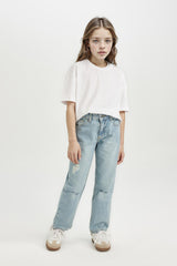 Girls Straight Fit Ripped Detailed Straight Leg Pocket Jeans
