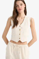 Regular Fit V Neck Linen Blend Blazer Vest