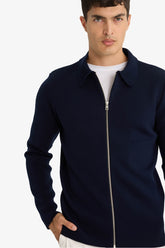 Standard Fit Polo Collar Basic Plain Zippered Knitwear Cardigan