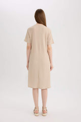 Regular Fit Open Neck Basic Plain Crepe Short Sleeve Midi Summer Dress