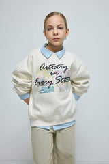 Girls Oversize Wide-Mould Crew Neck Printed Sweatshirt with Soft Furry Inside