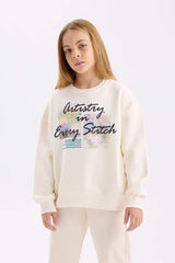 Girls Oversize Wide-Mould Crew Neck Printed Sweatshirt with Soft Furry Inside