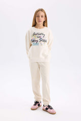 Girls Oversize Wide-Mould Crew Neck Printed Sweatshirt with Soft Furry Inside