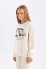 Girls Oversize Wide-Mould Crew Neck Printed Sweatshirt with Soft Furry Inside