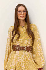 Patterned Belted Long Sleeve Maxi Dress